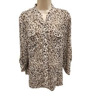 Chicos neutral Beige leapord Print Pocket Sheer Roll Up Sleeve Blouse Top 2 (L)
